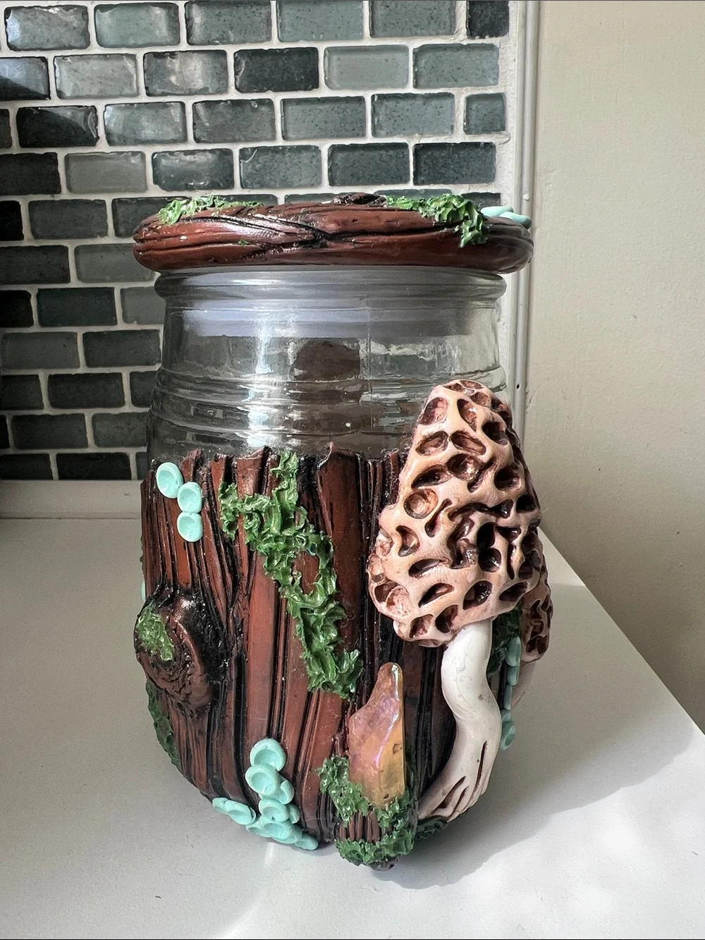 Handcrafted Woodland Morel Mushroom Mason Jar with Crystals